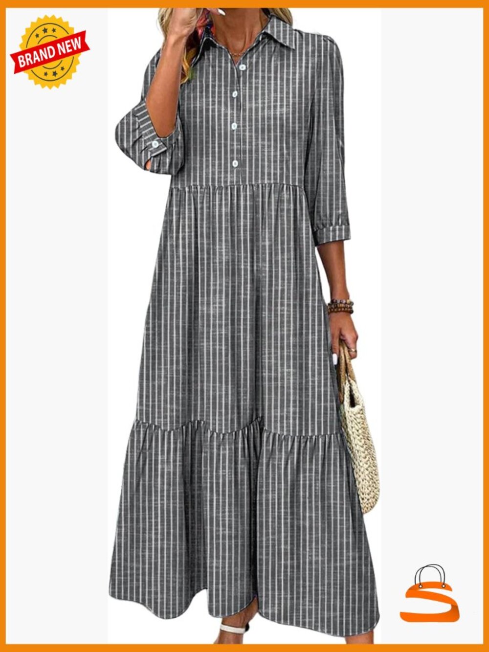 Striped Collared Shirt Maxi Dress with Pockets 3/4 Sleeve